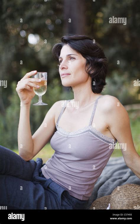 Woman Drinking Wine Outdoors Stock Photo Alamy