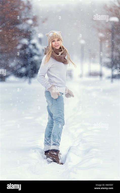 Attractive Young Blonde Girl Walking In Winter Forest Pretty Woman In