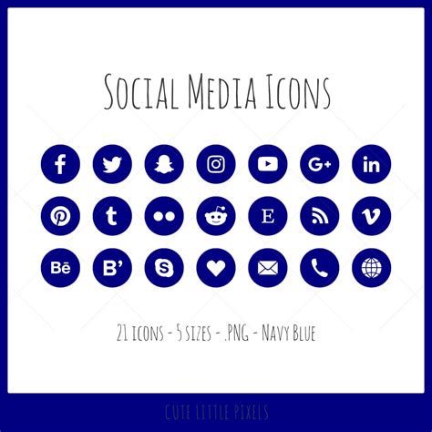 Social Media Icons 21 Icons In 5 Sizes Navy Blue Png Etsy