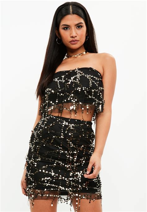 Lyst Missguided Black Sequin Drop Two Piece Co Ord Set In Black
