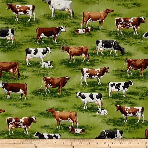 Kaufman Down On The Farm Animal Toille Grass Fabric By The Yard Cow