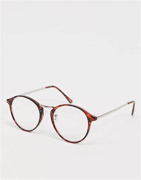 Asos Design Round Fashion Glasses In Amber Tort With Clear Lenses Asos