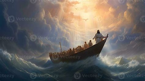 Jesus Christ On The Boat Calms The Storm At Sea 27288479 Stock Photo