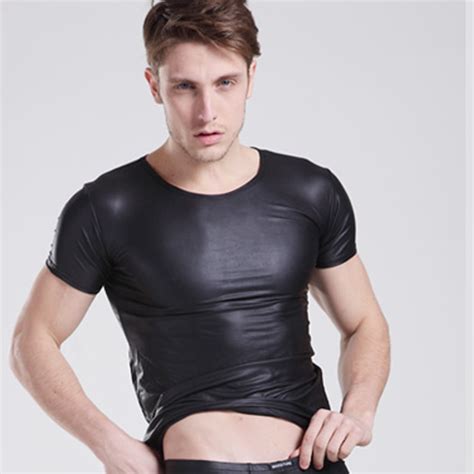 Hot Men Sexy Faux Leather T Shirts Cool Men Tight Shirts Sexy Leather
