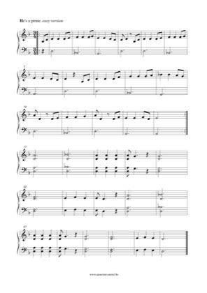 Sheet music he´s a pirate for sax, flute, trumpet, violin, viola, oboe, trombone, saxo tenor, soprano saxophone, basson and clarinet in free printable sheet music notes for easy piano for beginners. He is a pirate (Easy) - Pirates of the Caribbean Free Piano Sheet Music PDF