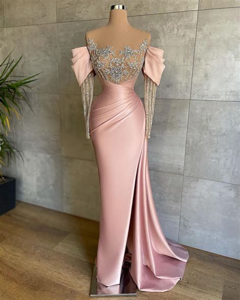 125 1us 10 Off Sexy Pink Mermaid Evening Dresses Off The Shoulder Illusion Long Sleeve
