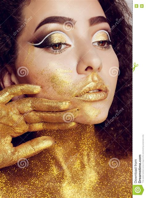 Magic Girl Portrait In Gold Golden Makeup Stock Photo Image Of Black