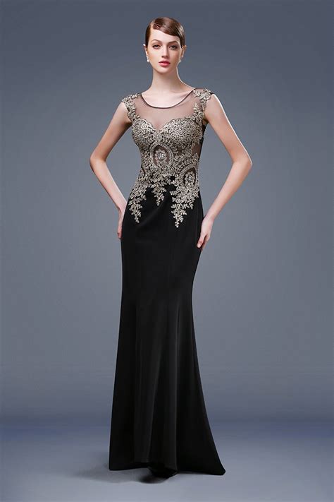 Mermaid Illusion Neckline Sheer Back Black Satin Gold Lace Applique Evening Prom Dress