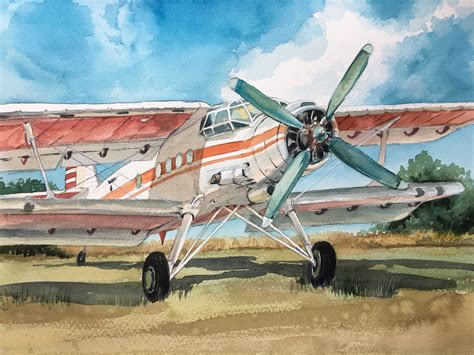 Plane Original Watercolor Painting Aircraft Watercolor Airplane