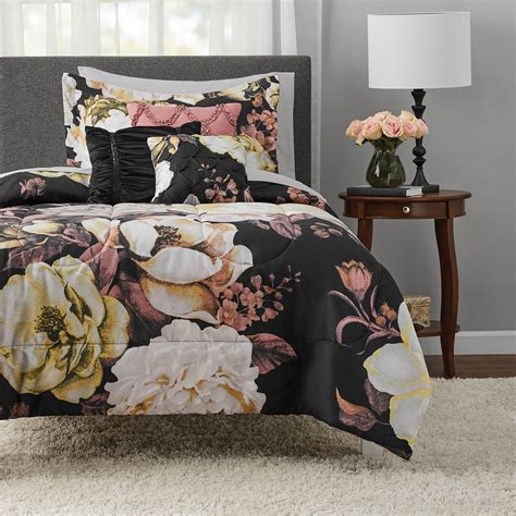 mainstays black floral  piece bed   bag bedding set  sheet set