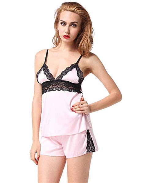 Etaoline Women 2 Piece Short Lace Satin Cami Nightwear Pyjamas Sets Colour Pink Satin Pajamas