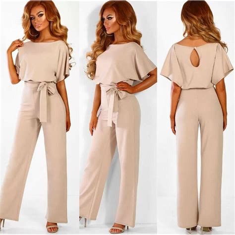 Women S Summer Jumpsuit Casual Short Sleeve Solid Color With Round Neck