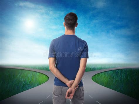 Choose Your Way Man Standing At Crossroads Taking Important Decision