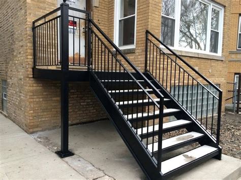 An exterior exit stair is an egress stair that is open to the outdoors and leads directly to the exterior of the building. Residential Metal Stairs Exterior | Railings outdoor, Exterior stairs, Outdoor stair railing