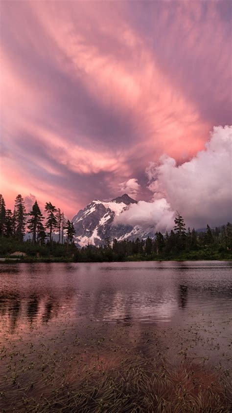 Purple Sky Mountains Clouds Forest Lake Sunset Iphone X 87654