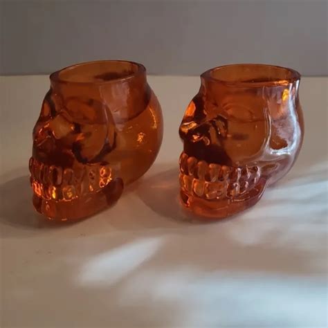 2 Heavy Glass Skull Votive Candle Holders With Orange Flashed Halloween
