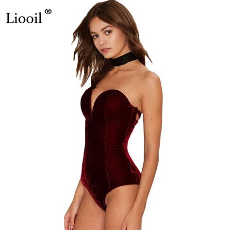 Liooil Sexy Club Strapless Velvet Bodysuit Women Lace Up Sleeveless Off Shoulder Jumpsuit Skinny
