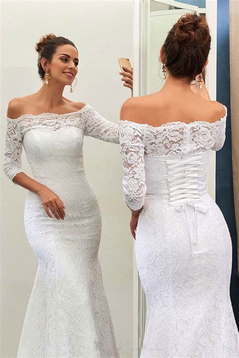 Mermaid Off The Shoulder Lace 3 4 Sleeve Top Lace Up Wedding Dress Promdress Me Uk