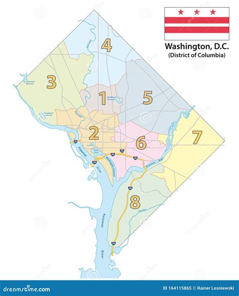 Map Of The Eight Districts Of Washington Dc With Flag Stock Vector