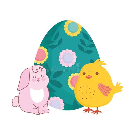 Happy Easter Cute Rabbit And Chicken With Painted Egg Decoration With