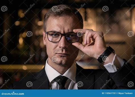 Handsome Elegant Serious Caucasian Businessman Looking At Camera Stock