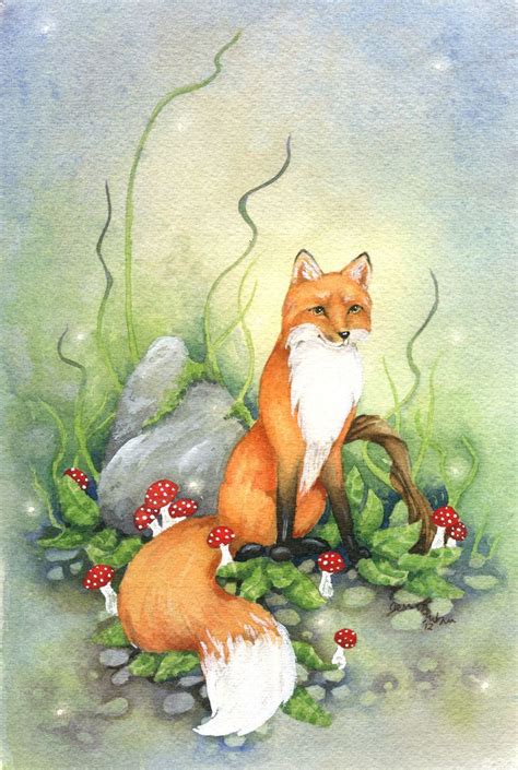 Little Fox Original Watercolor Painting 6x9 Woodland Fox Animal