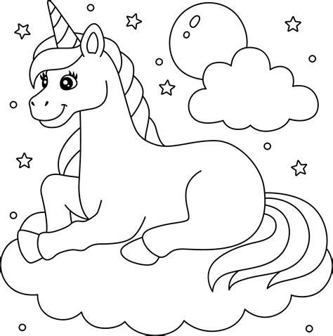 Unicorn Lying On The Cloud Coloring Page For Kids 5723519 Vector Art At