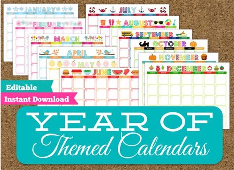 Monthly Themed Calendar Set 12 Editable Printable Calendars