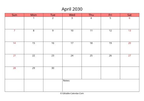 Download Editable Calendar April 2030 Weeks Start On Sunday