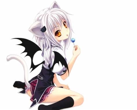 Her original form is a white cat; wings bat lollipops animal ears yellow eyes nopan seifuku ...