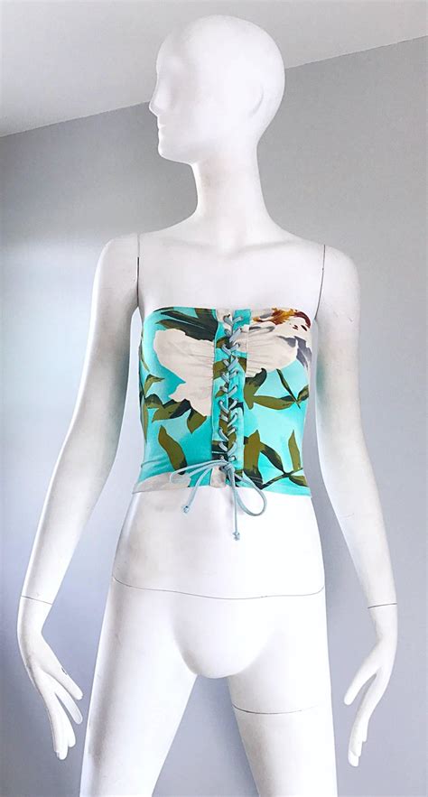 1990s Cacharel Hawaiian Tropical Print Sexy Vintage 90s Strapless Crop Tube Top For Sale At