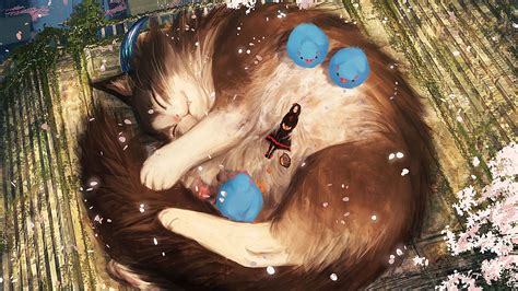 Desktop Wallpaper Big Cat Anime Girl Sleeping Hd Image Picture Background Lv Etq