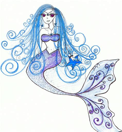 Mermaid Drawing In Blue And Purple Drawing By Shannon Keavy Fine Art