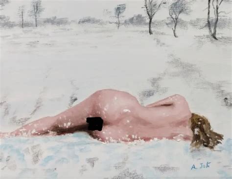 OIL PAINTING NUDE Sleeping Female Figure Woman In Snowy Winter