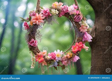 Flower Crown Hanging From A Tree Branch In A Garden Stock Photo Image