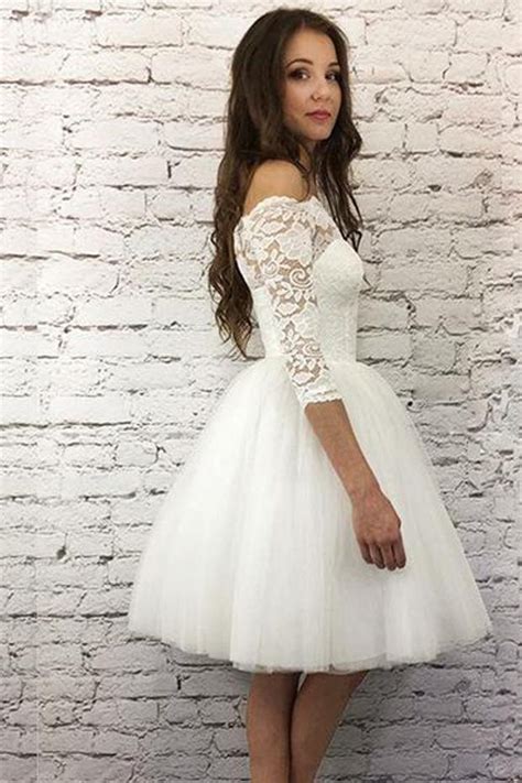 Ivory Short Wedding Dresses Lace Off The Shoulder Bodice · Narsbridal
