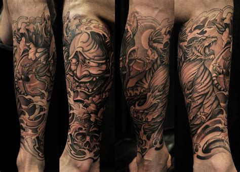 Half Sleeve Tiger And Hannya Mask Tattoo Chronic Ink