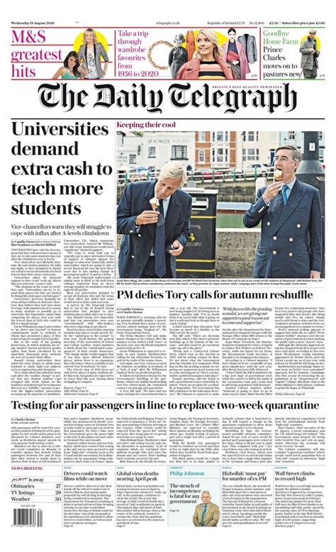 Daily Telegraph Front Page 19th Of August 2020 Tomorrows Papers Today