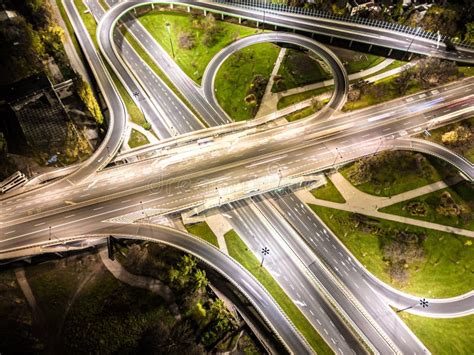 Aerial View Expressway Motorway Highway Circus Intersection At Night