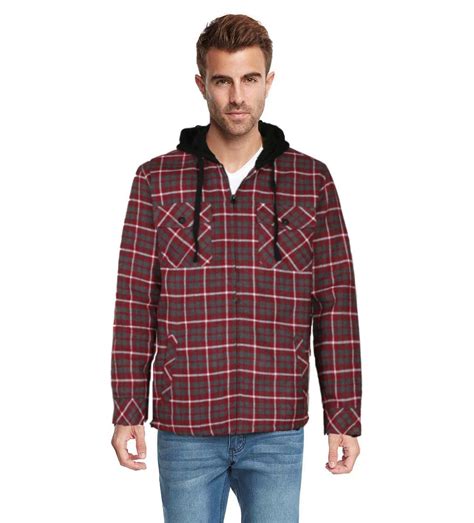 9 Crowns Essentials Sherpa Lined Plaid Flannel Hoodie Jacket Greyred