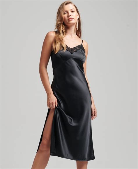 Womens Lace Satin Midi Dress In Black Superdry Uk