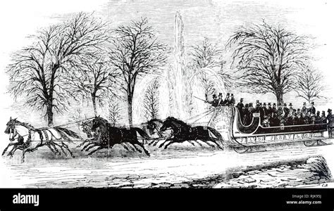 An Engraving Depicting A Horse Drawn Omnibus Sleigh Travelling Through