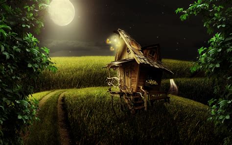 2560x1600 2560x1600 Field House Landscape Moon Night Road
