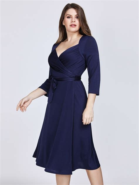 Knee Length Long Sleeve Navy Cocktail Dress Ever Pretty Plussizedress Bluedress F Navy