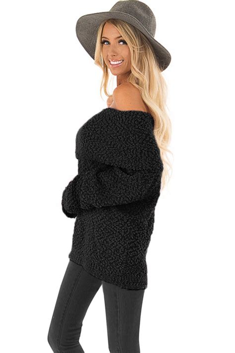 Black Off The Shoulder Comfy Sweater Oversized Knitted Sweaters