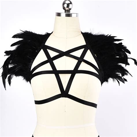 Pentagram Body Harness Black Exaggerated Epaulette Feather Sexy Cage
