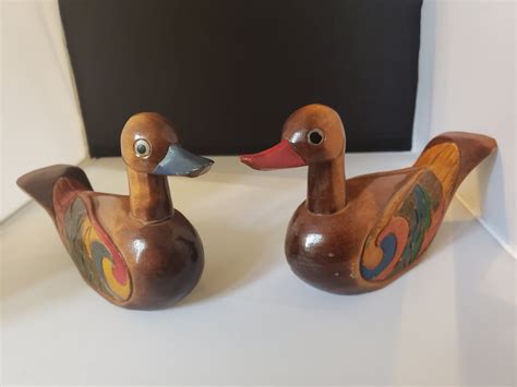 Vintage Pair Of Wooden Colorfully Stained Ducks Wooden Duck Pair