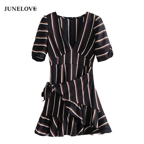 Junelove 2019 Spring Women Casual Printed Striped A Line Mini Dress Cascading Ruffle V Neck
