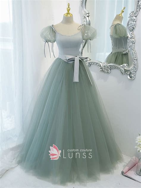 Sage Green Puff Short Sleeve Tulle Princess Prom Dress Lunss