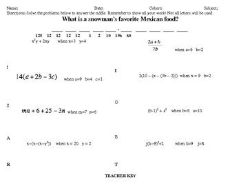 Addition and subtraction of algebraic expressions. Solving Algebraic Expressions Riddle Practice by Mrs Owen ...